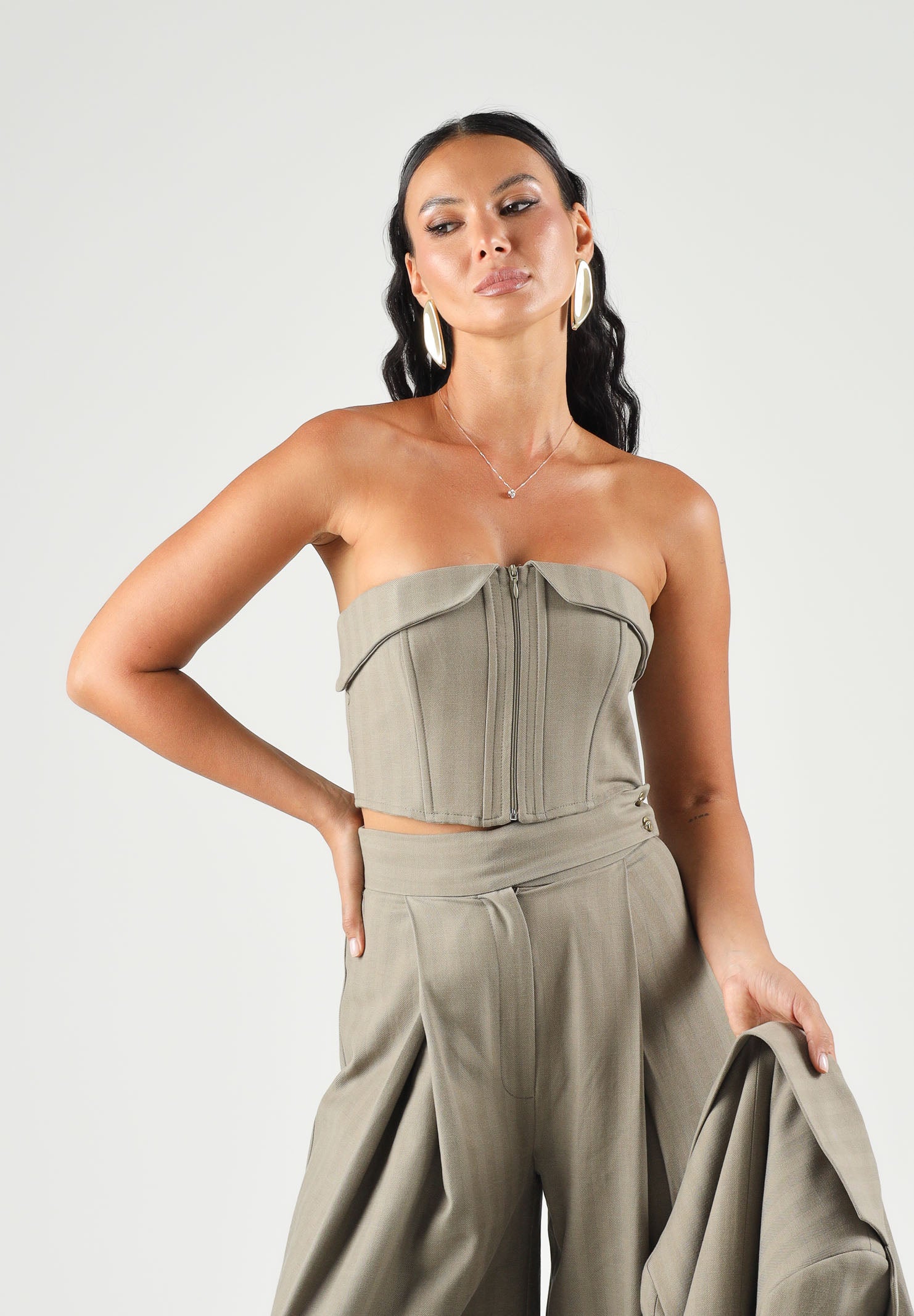 BOHEMIAN VI Top stile corpetto  verde oliva  tortora per donna con struttura a corsetto rigido BOU371 TA BOHEMIAN VI 