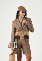 BOHEMIAN VI Giacca GLEN corta sartoriale a quadri marrone cammello da donna GI341 UN BOHEMIAN VI 
