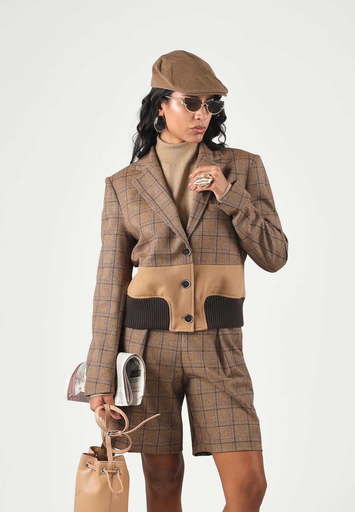 BOHEMIAN VI Giacca GLEN corta sartoriale a quadri marrone cammello da donna GI341 UN BOHEMIAN VI 