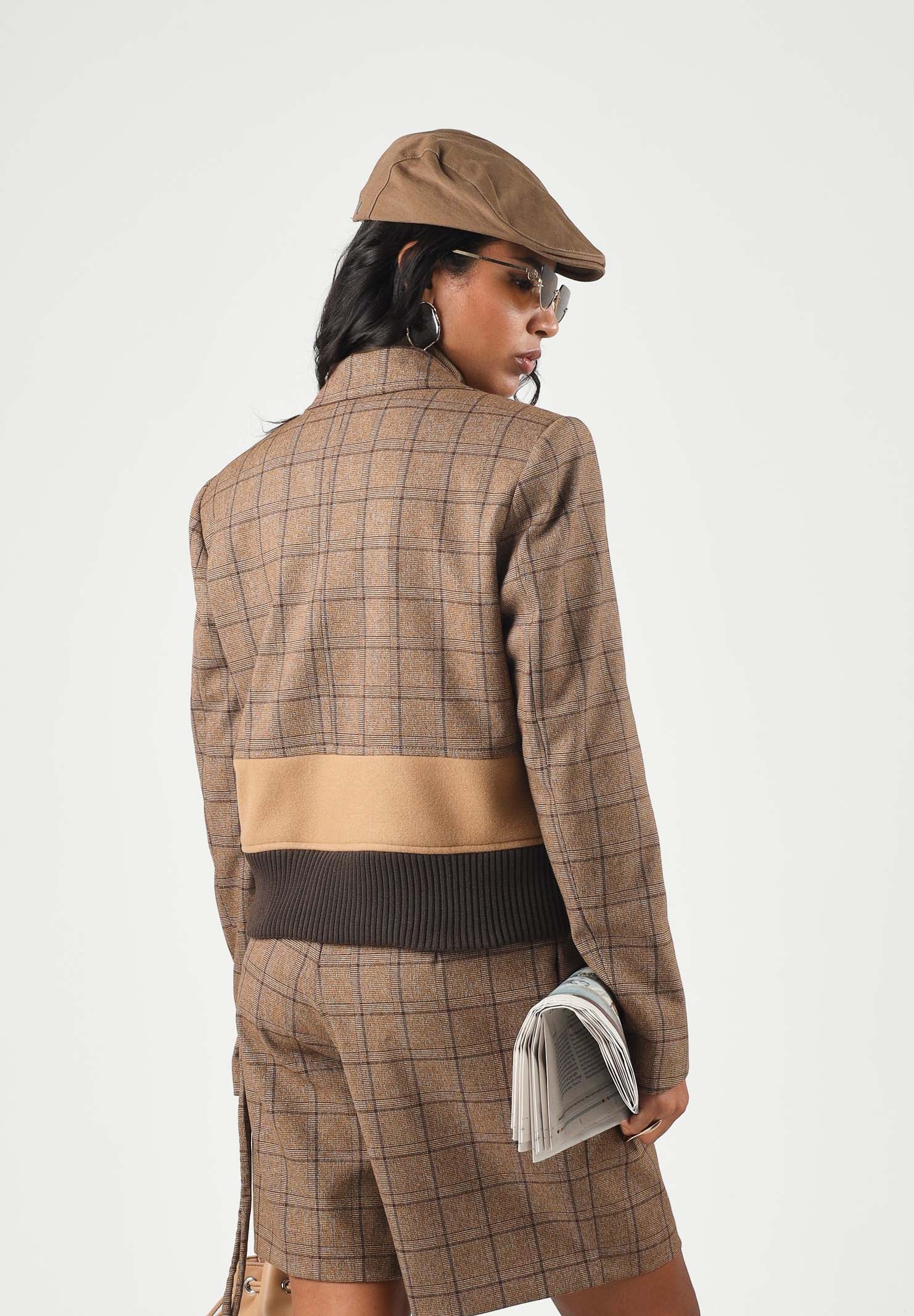 BOHEMIAN VI Giacca GLEN corta sartoriale a quadri marrone cammello da donna GI341 UN BOHEMIAN VI 