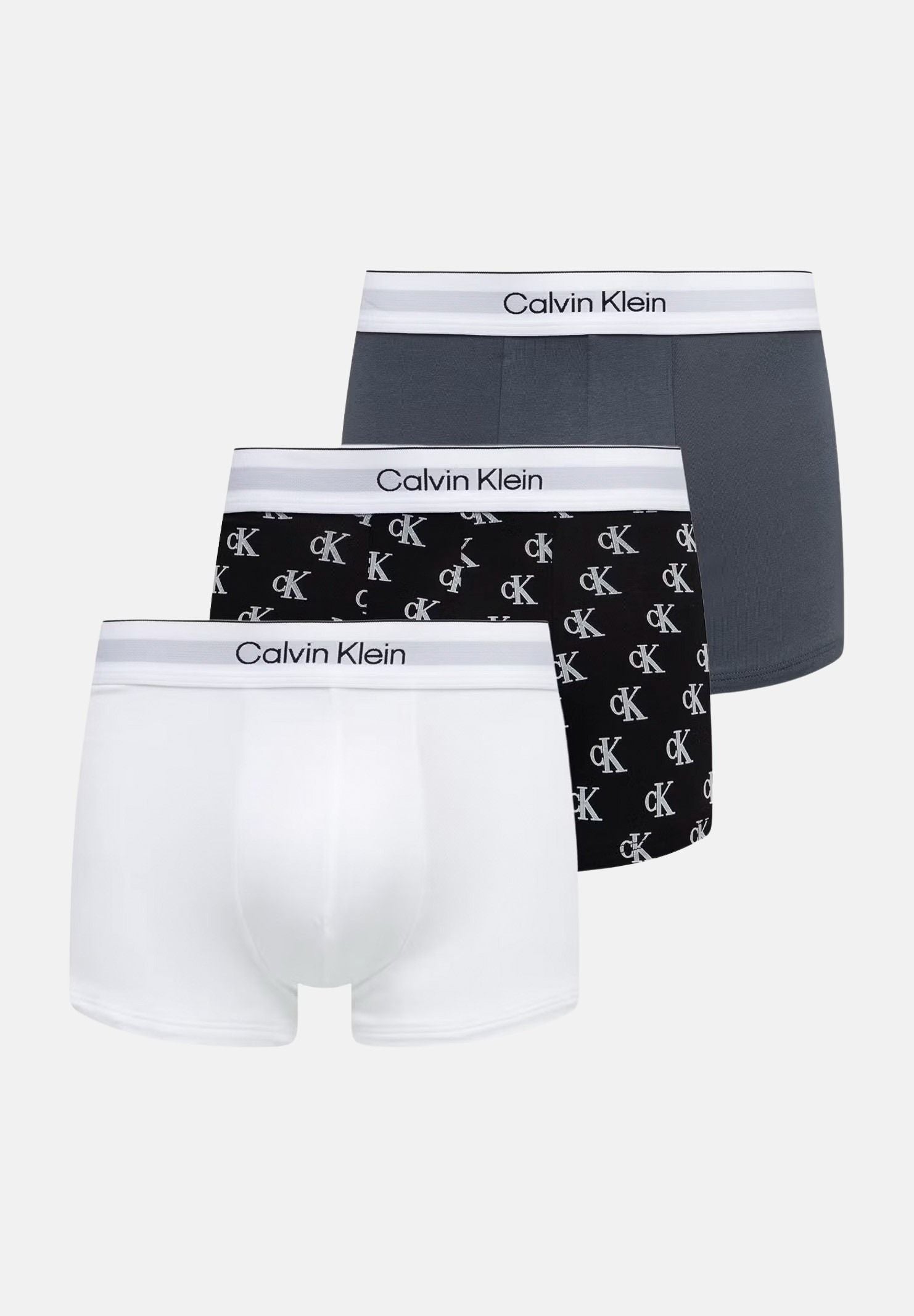 CALVIN KLEIN Boxer LOW RISE TRUNK 3 PACK ICON COTTON STRETCH White, Collegiate Logo Black e grigio, multicolore, uomo. LV00NB4389 5U4 CALVIN KLEIN 