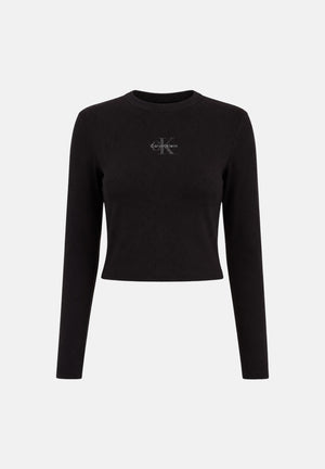CALVIN KLEIN Maglia A-LS MONOGRAM BABY TEE a maniche lunghe nera da donna cono monogramma ricamato frontale<BR/> LV047A803G UB1 CALVIN KLEIN 