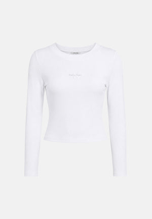CALVIN KLEIN JEANS Maglia A-LS MONOGRAM BABY TEE, color bright bianca da donna con monogramma frontale<BR/> LV047A803G YAF CALVIN KLEIN 