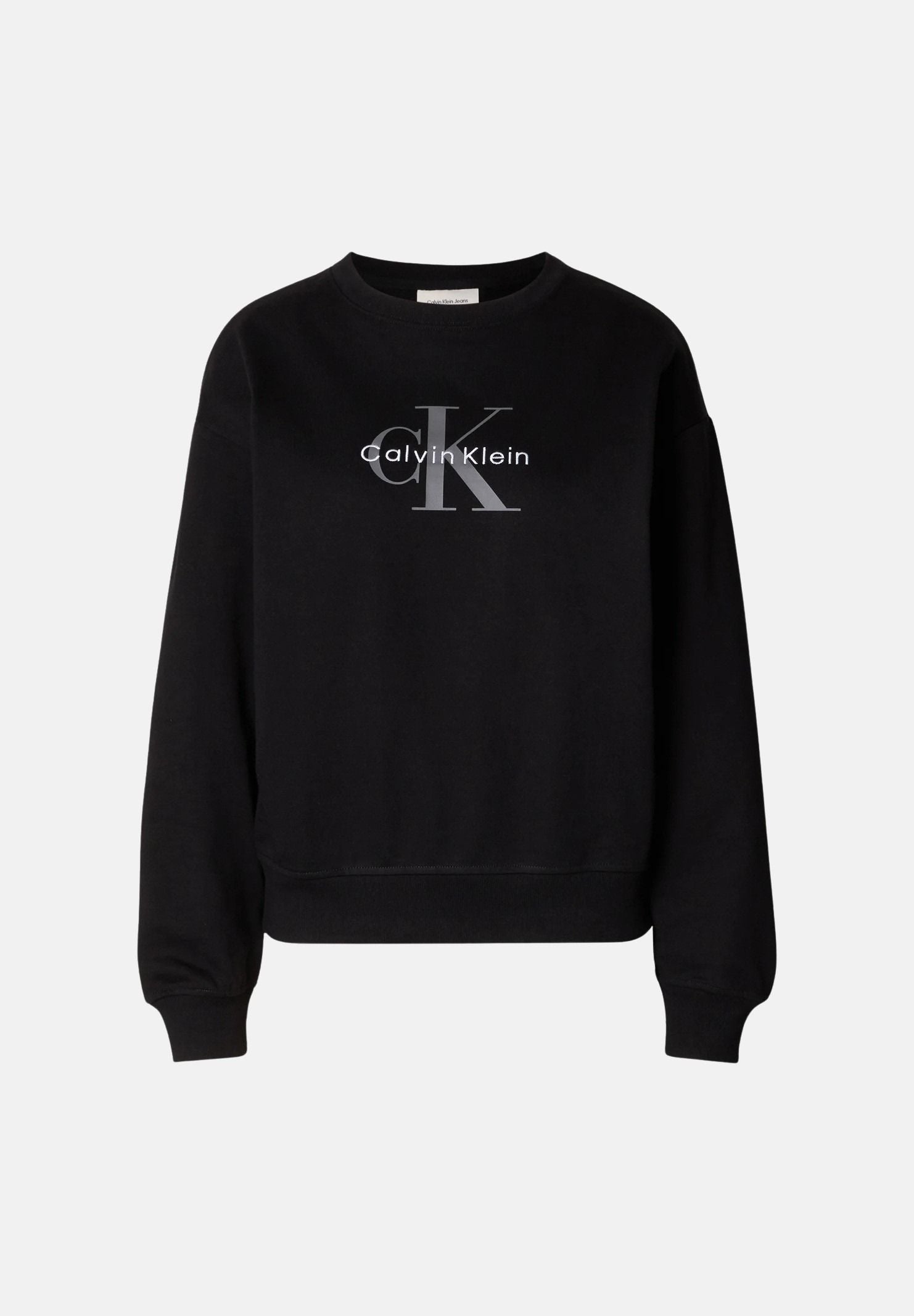 CALVIN KLEIN Fellpa girocollo LS MONOLOGO FRENCH TERRY nera da donna con maxi monogramma CK sul davanti LV047B234G UB1 CALVIN KLEIN 