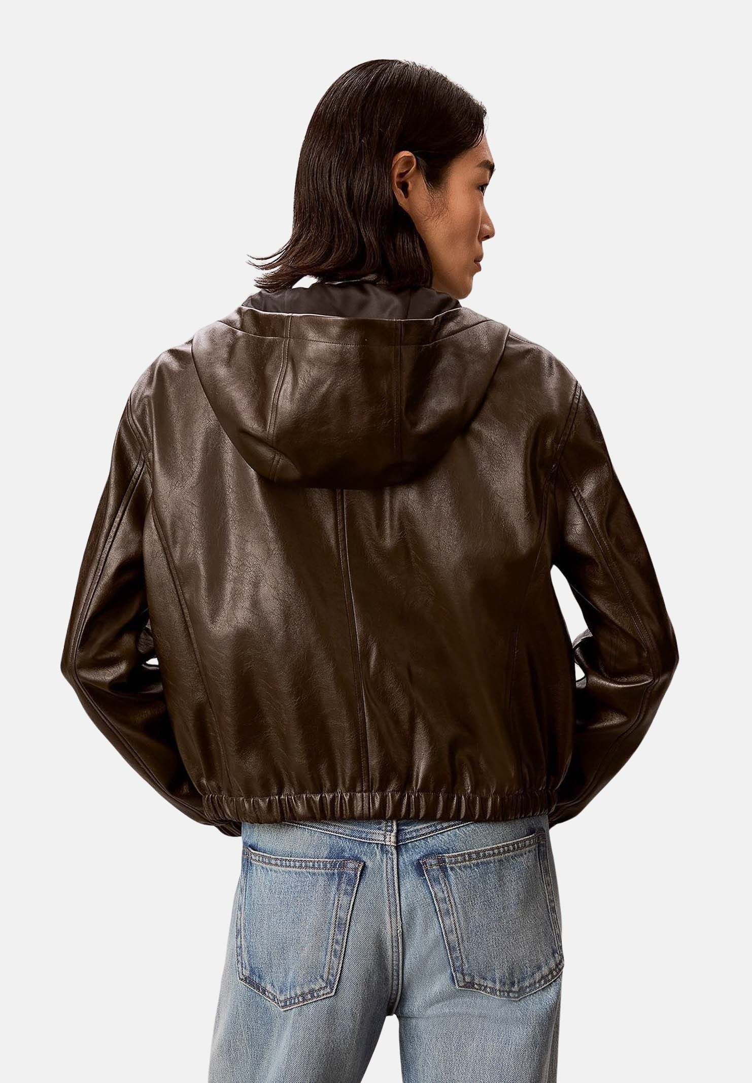 CALVIN KLEIN JEANS GiubbottoFAUX LEATHER HOODED in pelle dark coffe- marrone scuro da donna <BR/> LV047G516G TO2 CALVIN KLEIN JEANS 