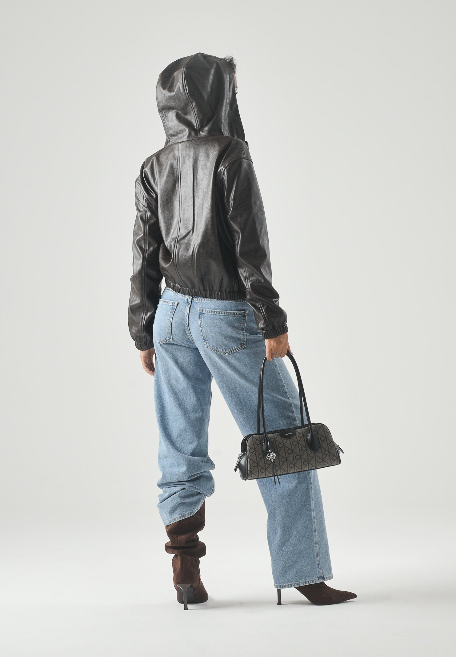 CALVIN KLEIN JEANS GiubbottoFAUX LEATHER HOODED in pelle dark coffe- marrone scuro da donna <BR/> LV047G516G TO2 CALVIN KLEIN JEANS 