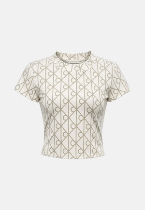 CALVIN KLEIN JEANS T-shirt EMBLEM PRINT tofu avorio, bianco, da donna con motivo geometrico monogramma CK all-over.<BR/> LV047G830G YAS CALVIN KLEIN JEANS 