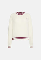 CALVIN KLEIN JEANS maglione girocollo donna bianco panna, con dettagli a righe bordeaux su collo, polsini e fondo e piccolo logo sul petto.<BR/> LV047H303G YAS CALVIN KLEIN JEANS 