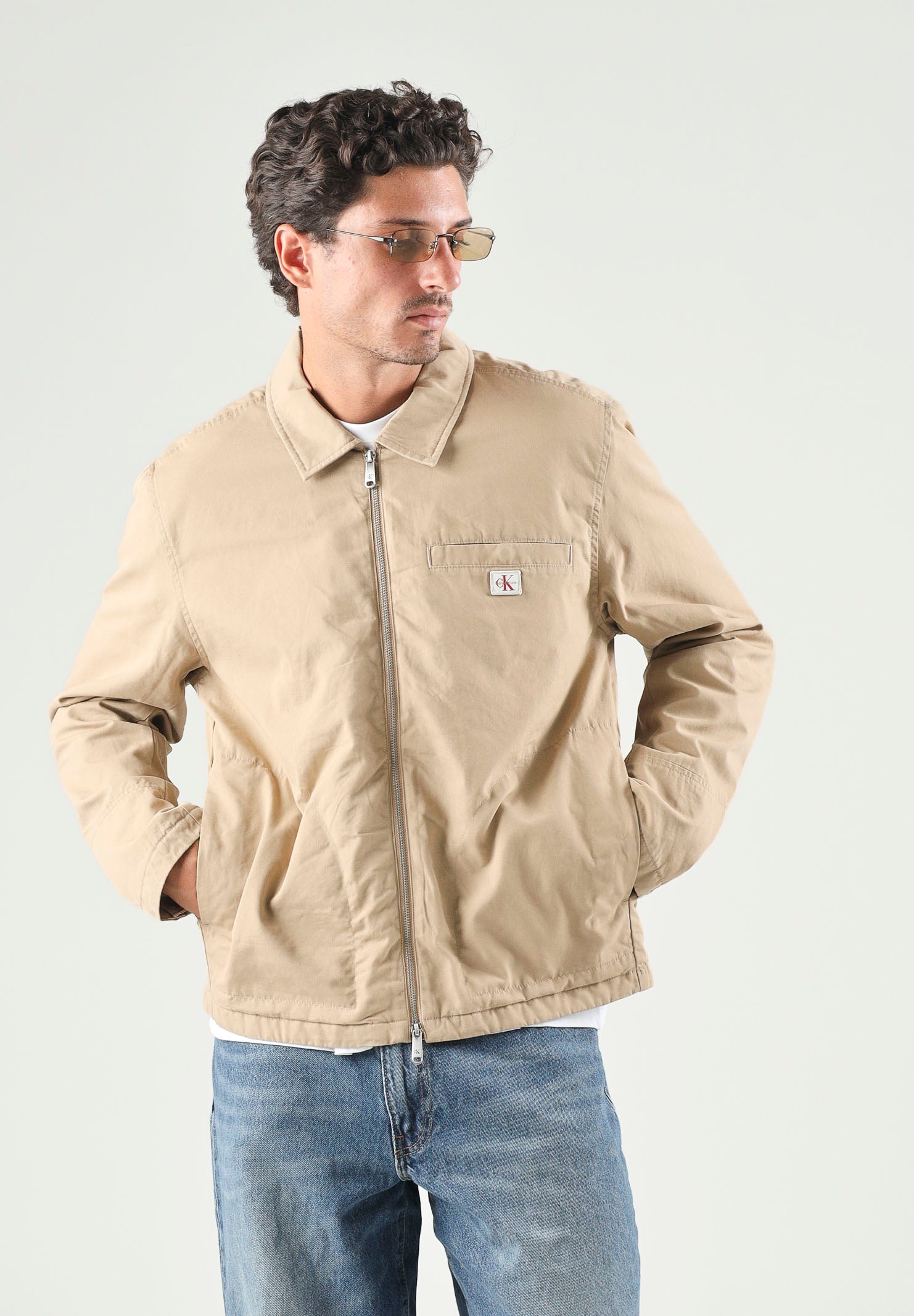 CALVIN KLEIN JEANS Giubbotto di jeans con zip Cornstalk beige da uomo in tinta unita LV04RG405G PBE CALVIN KLEIN JEANS 