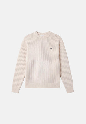 CALVIN KLEIN JEANS Maglione VERTICAL M Tofu bianco panna da uomo con girocollo, lavorazione a costine verticali e monogramma CK sul petto LV04RH328G YAS CALVIN KLEIN JEANS 