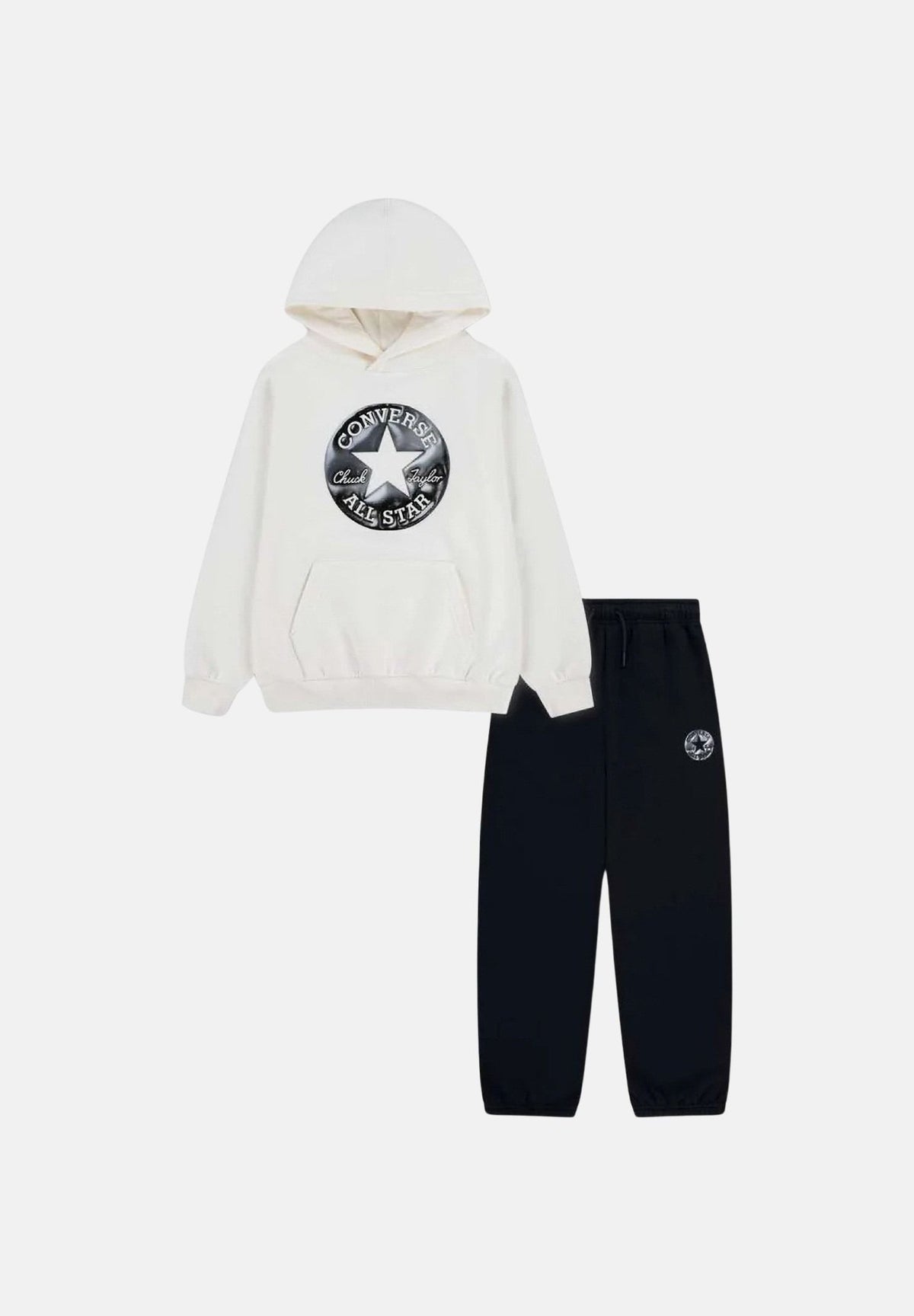 CONVERSE Tuta CHUCK TAYLOR PATCH bianca e nera per bambino e bambina con felpa con cappuccio e pantaloni jogger coordinati. 9CJ829 023 CONVERSE 