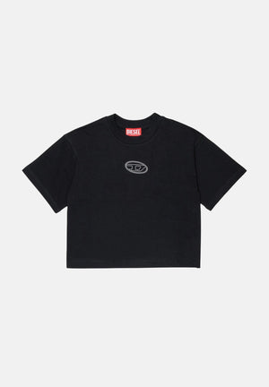 DIESEL T-shirt TLIXIN cropped nera per donna, ragazzi e bambini con logo Diesel frontale effetto sfrangiato. J0291800YI9 K900 DIESEL 