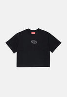 DIESEL T-shirt TLIXIN cropped nera per donna, ragazzi e bambini con logo Diesel frontale effetto sfrangiato. J0291800YI9 K900 DIESEL 