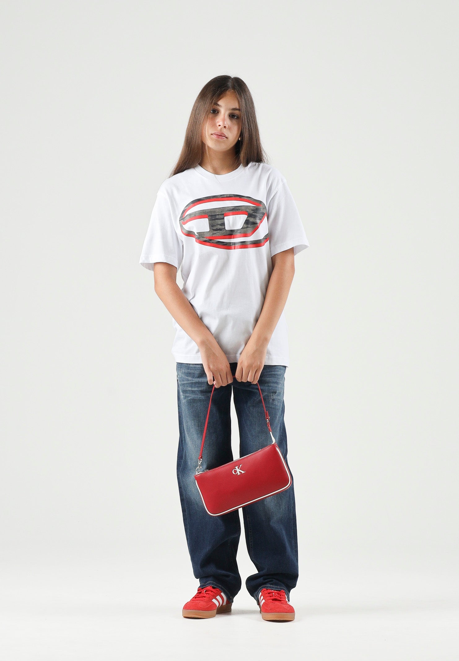 DIESEL T-shirt TVEL OVER bianca  per donna, ragazzi e  bambini con stampa logo Oval D bicolore frontale. J02969KYA1Y K100 DIESEL 