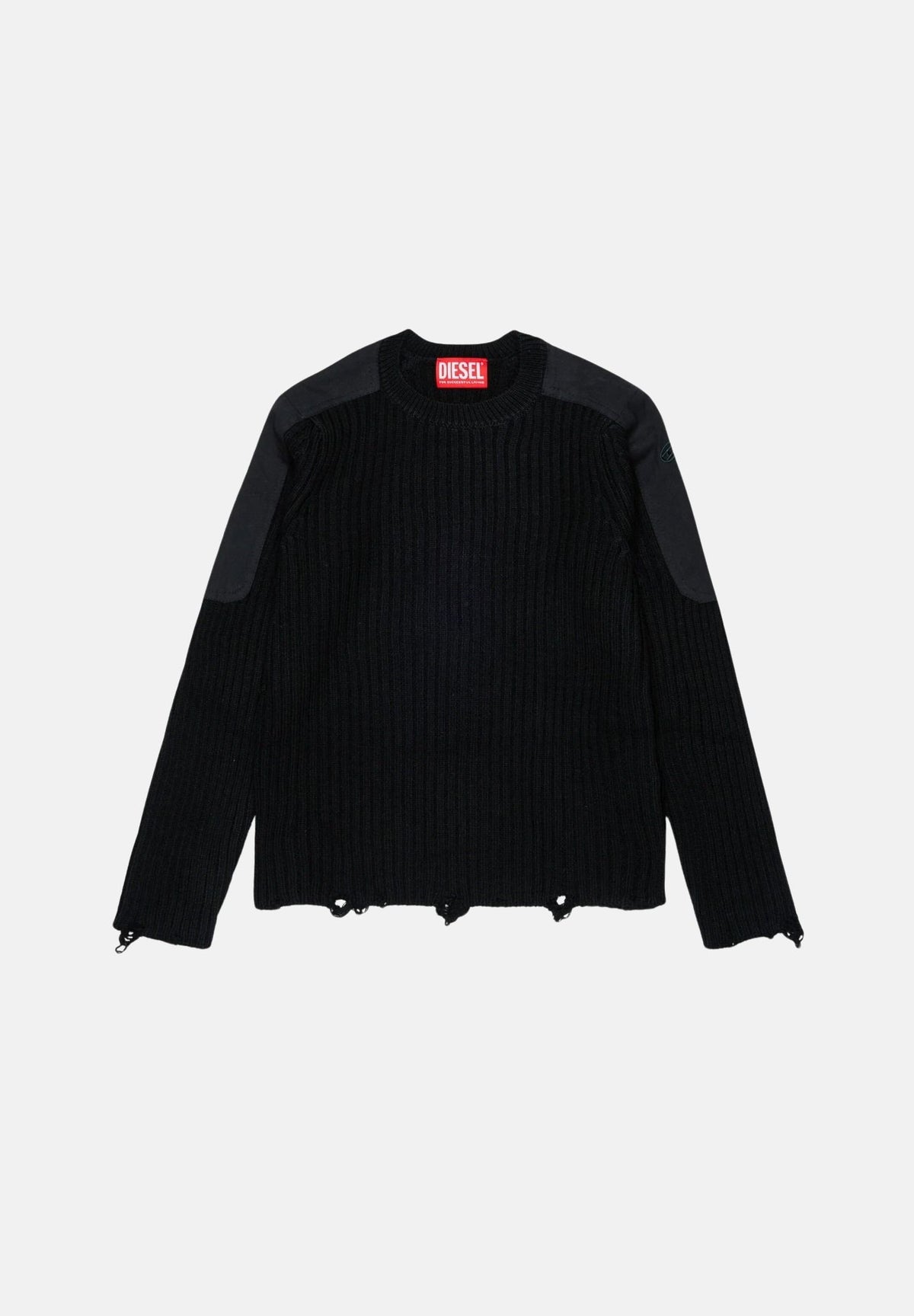 DIESEL Maglione KAMAR nero, per donna, ragazzi e bambini con orli effetto destroyed e logo Oval D ricamato sulla manica. J02980KYA2G K900 DIESEL 