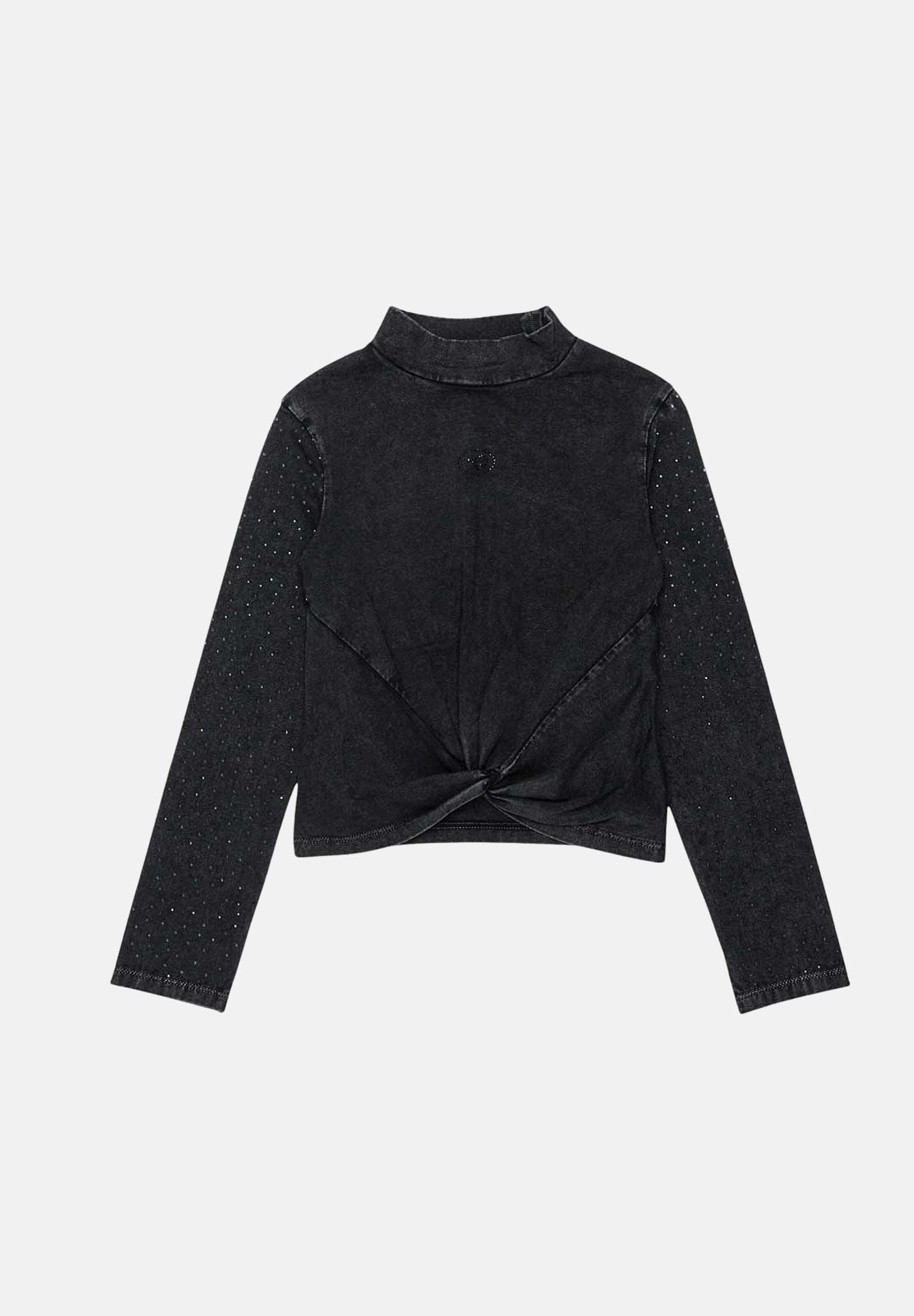 DIESEL T-shirt manica lunga TKNOT nera per donna, ragazza e bambina con dettaglio incrociato annodato e dettaglio strass sulle spalle J03011KYA2K K900 DIESEL 