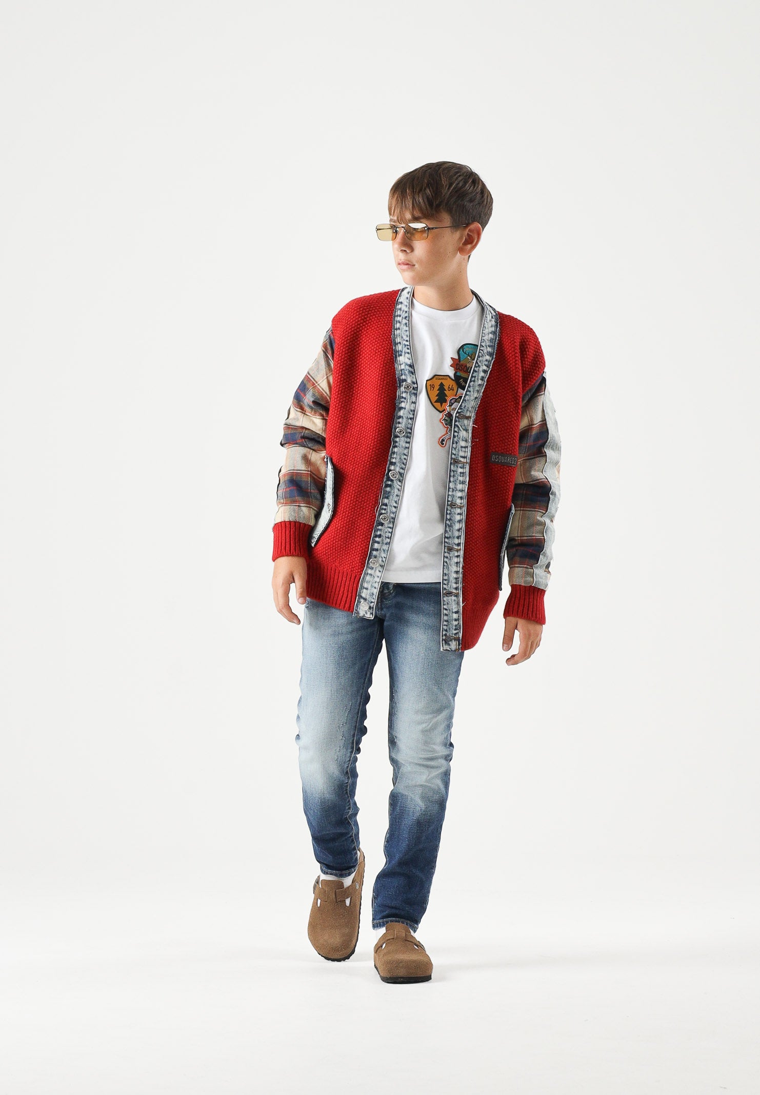 DSQUARED2 Cardigan in maglia rubin red, rosso,  per donna, ragazzzi e bambini con maniche a quadri DQ3407D0AJC DQ452 DSQUARED2 