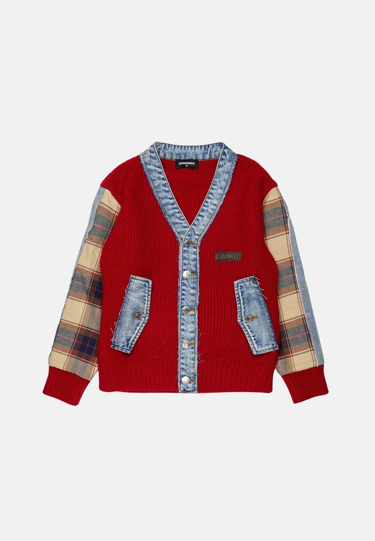 DSQUARED2 Cardigan in maglia rubin red, rosso,  per donna, ragazzzi e bambini con maniche a quadri DQ3407D0AJC DQ452 DSQUARED2 