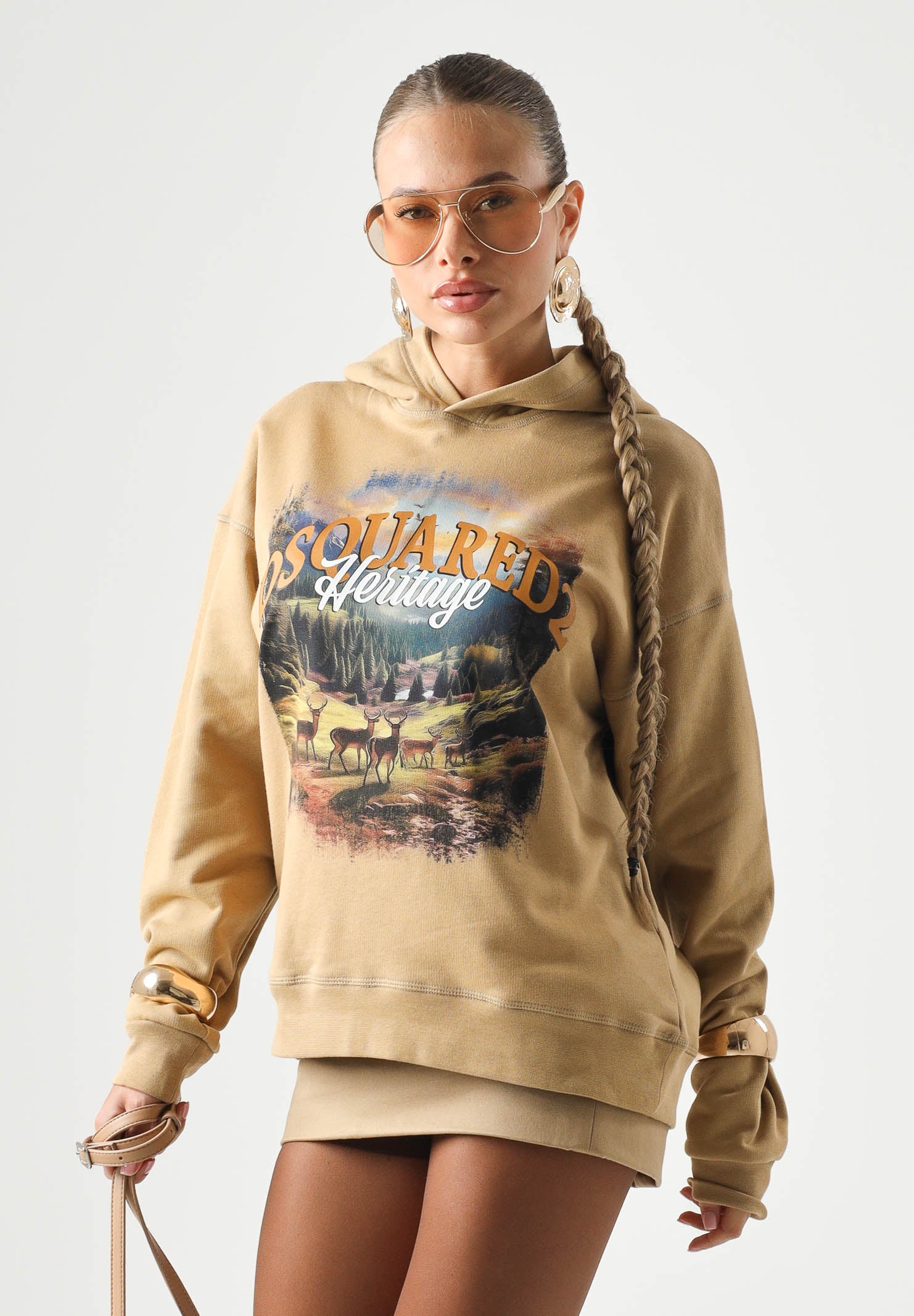 DSQUARED2 Felpa con cappuccio lark-beige per donna, ragazzi e bambini con stampa paesaggio frontale DQ3420D0AIS DQ776 DSQUARED2 