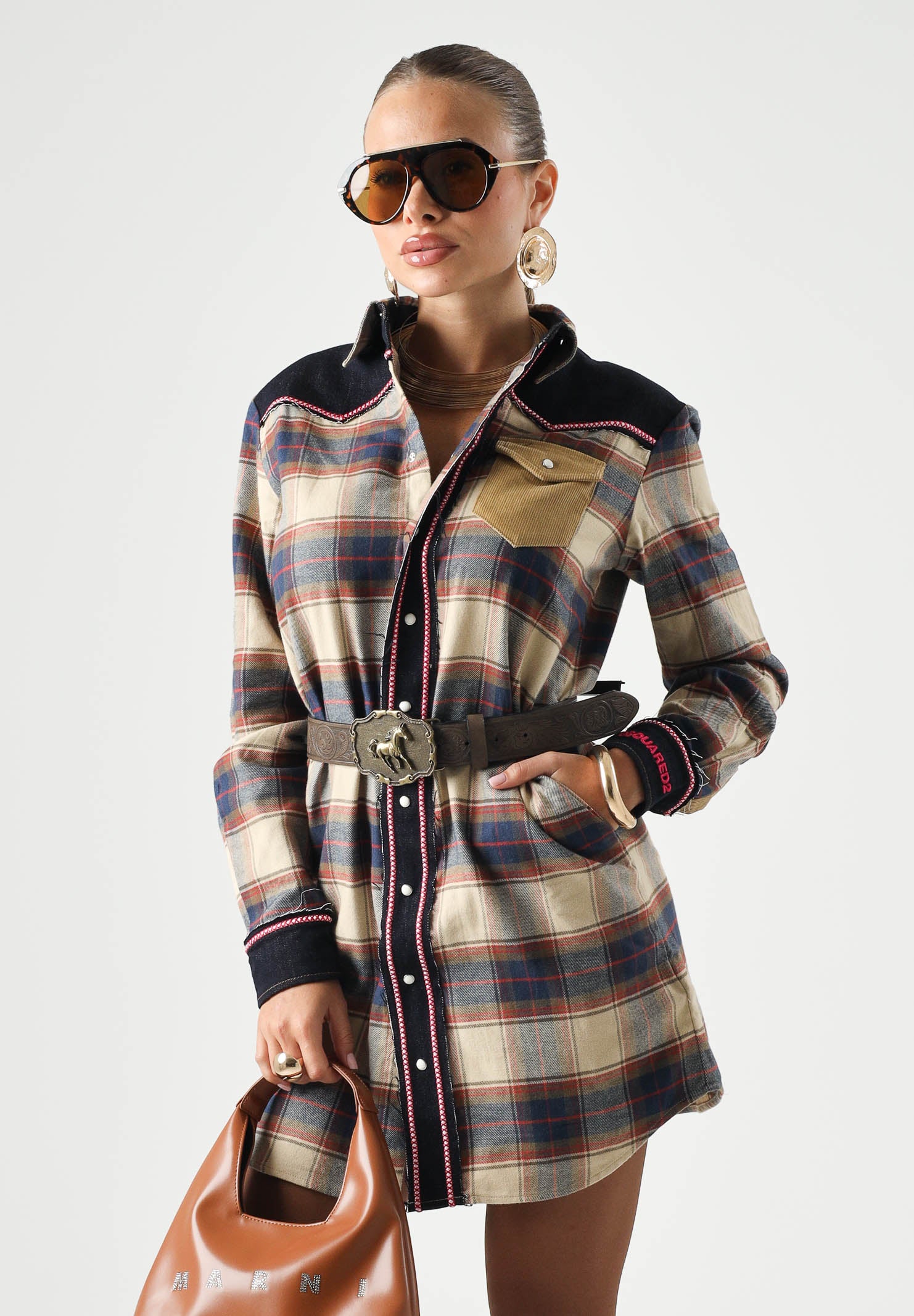 DSQUARED2 Abito camicia western a quadri feather gray, per donna, ragazzi e bambini con dettagli denim DQ3454D0AIA DQ717 DSQUARED2 