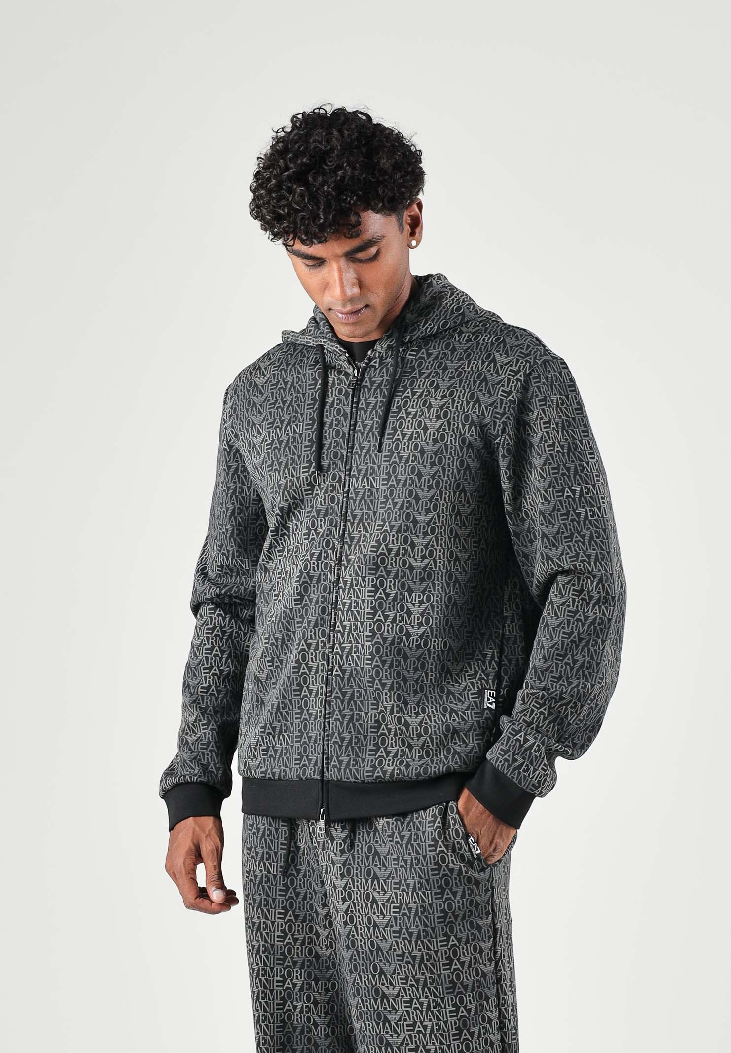 EA7 Felpa con cappuccio nera per uomo con motivo geometrico all-over 7M002206AF12660 FC099 EA7 