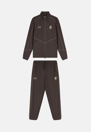 EA7 Tuta sportiva marrone per uomo con piping a contrasto, giacca con zip e pantaloni jogger. 7M002259AF21491 U6027 EA7 