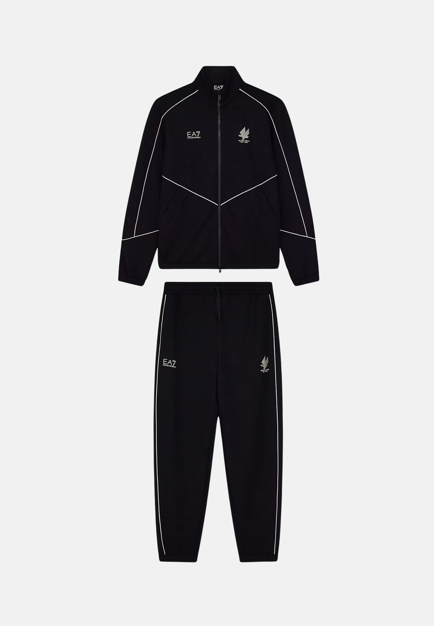 EA7 Tuta sportiva neri per uomo con piping a contrasto, giacca con zip e pantaloni jogger. 7M002259AF21491 UC001 EA7 