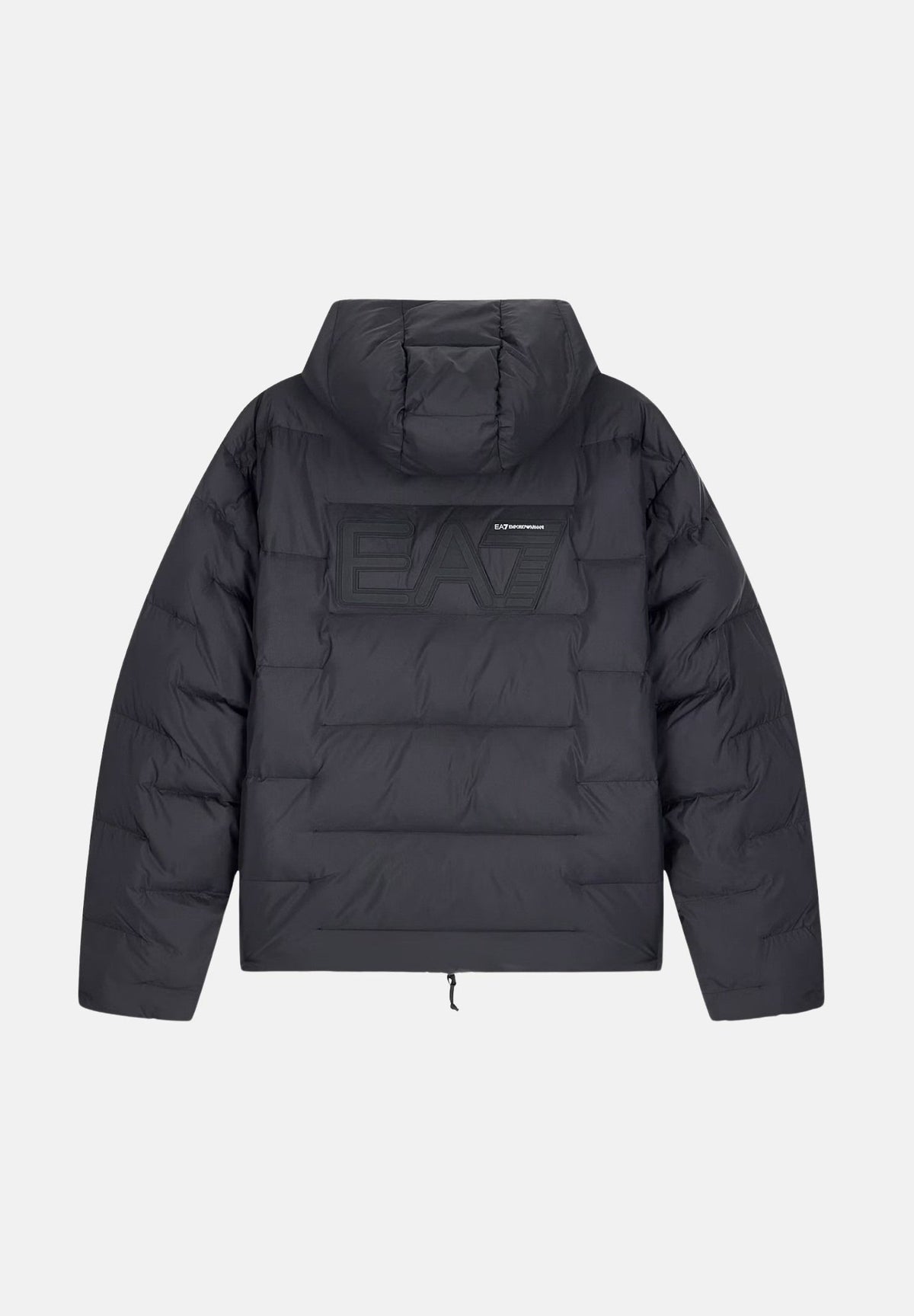 EA7 EMPORIO ARMANI Giubbotto trapuntato Black Beauty nero antracite scuro da uomo, con cappuccio regolabile, zip frontale e logo EA7 sul petto e retro. 7M002387AF15956 SC001 EA7 