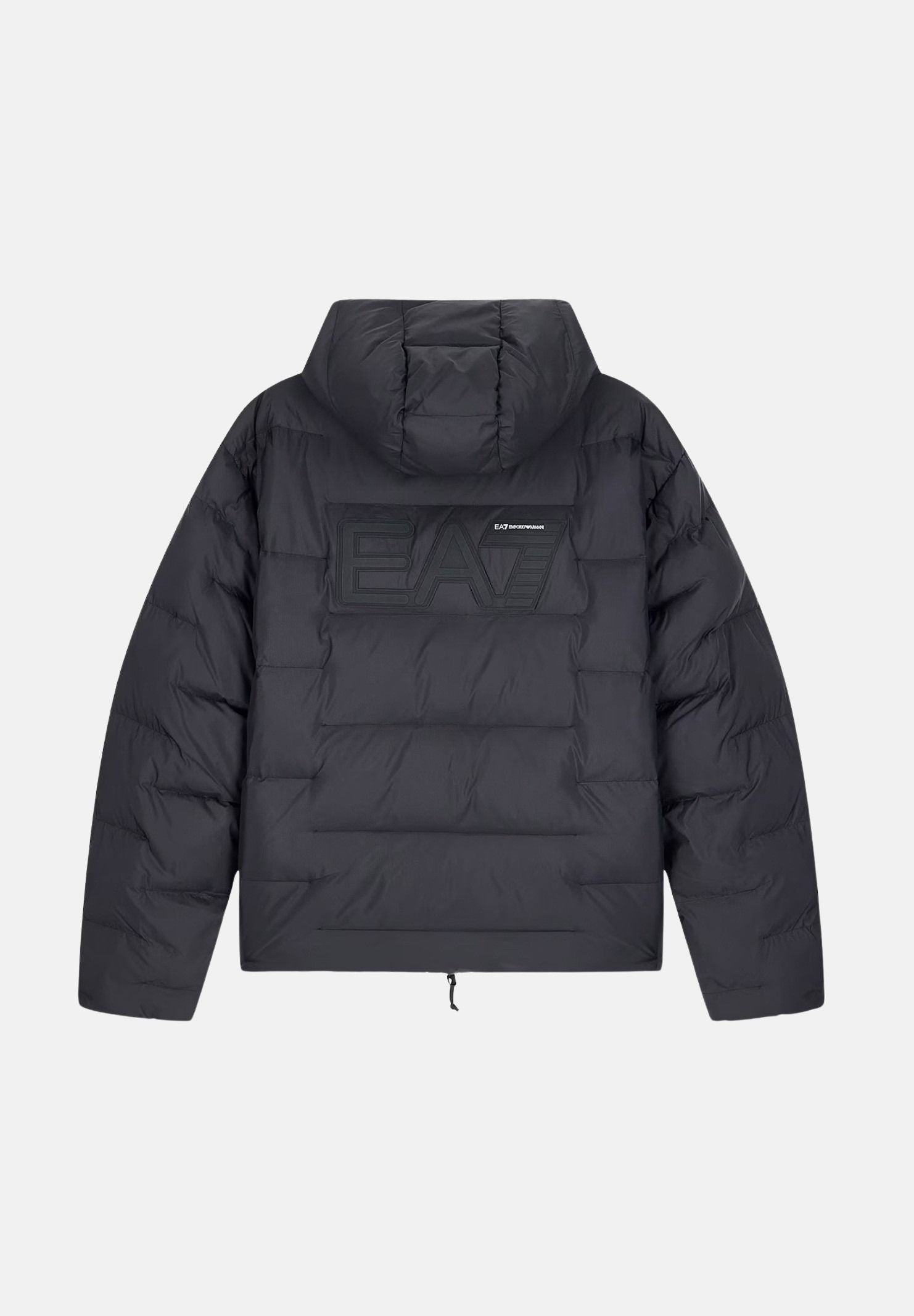 EA7 EMPORIO ARMANI Giubbotto trapuntato Black Beauty nero antracite scuro da uomo, con cappuccio regolabile, zip frontale e logo EA7 sul petto e retro. 7M002387AF15956 SC001 EA7 
