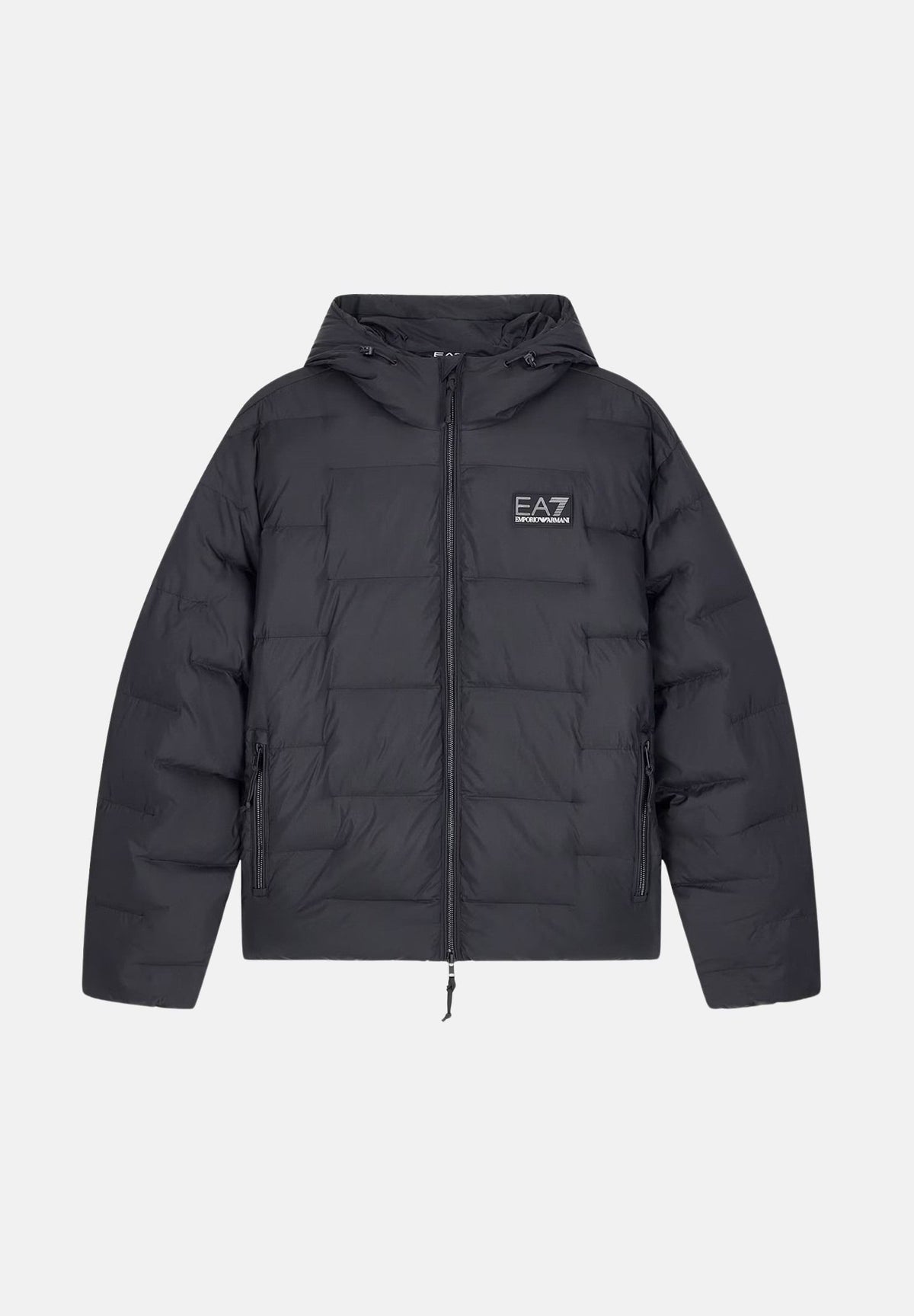 EA7 EMPORIO ARMANI Giubbotto trapuntato Black Beauty nero antracite scuro da uomo, con cappuccio regolabile, zip frontale e logo EA7 sul petto e retro. 7M002387AF15956 SC001 EA7 