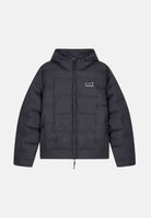 EA7 EMPORIO ARMANI Giubbotto trapuntato Black Beauty nero antracite scuro da uomo, con cappuccio regolabile, zip frontale e logo EA7 sul petto e retro. 7M002387AF15956 SC001 EA7 