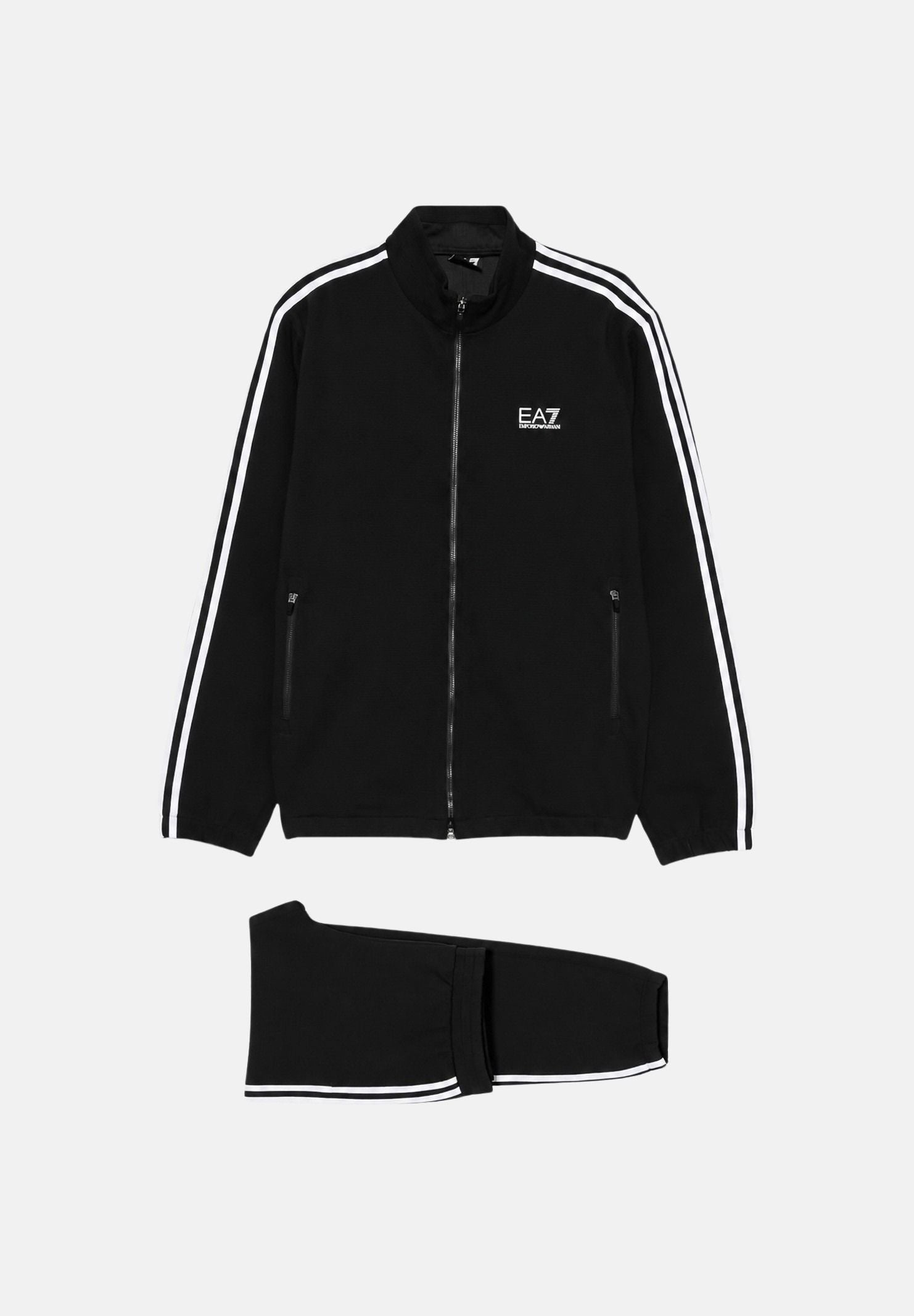 EA7 Tuta sportiva nera da uomo con felpa full zip, pantaloni coordinati e bande logate a contrasto. 7M002505AF12948 FC039 EA7 