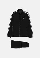 EA7 Tuta sportiva nera da uomo con felpa full zip, pantaloni coordinati e bande logate a contrasto. 7M002505AF12948 FC039 EA7 
