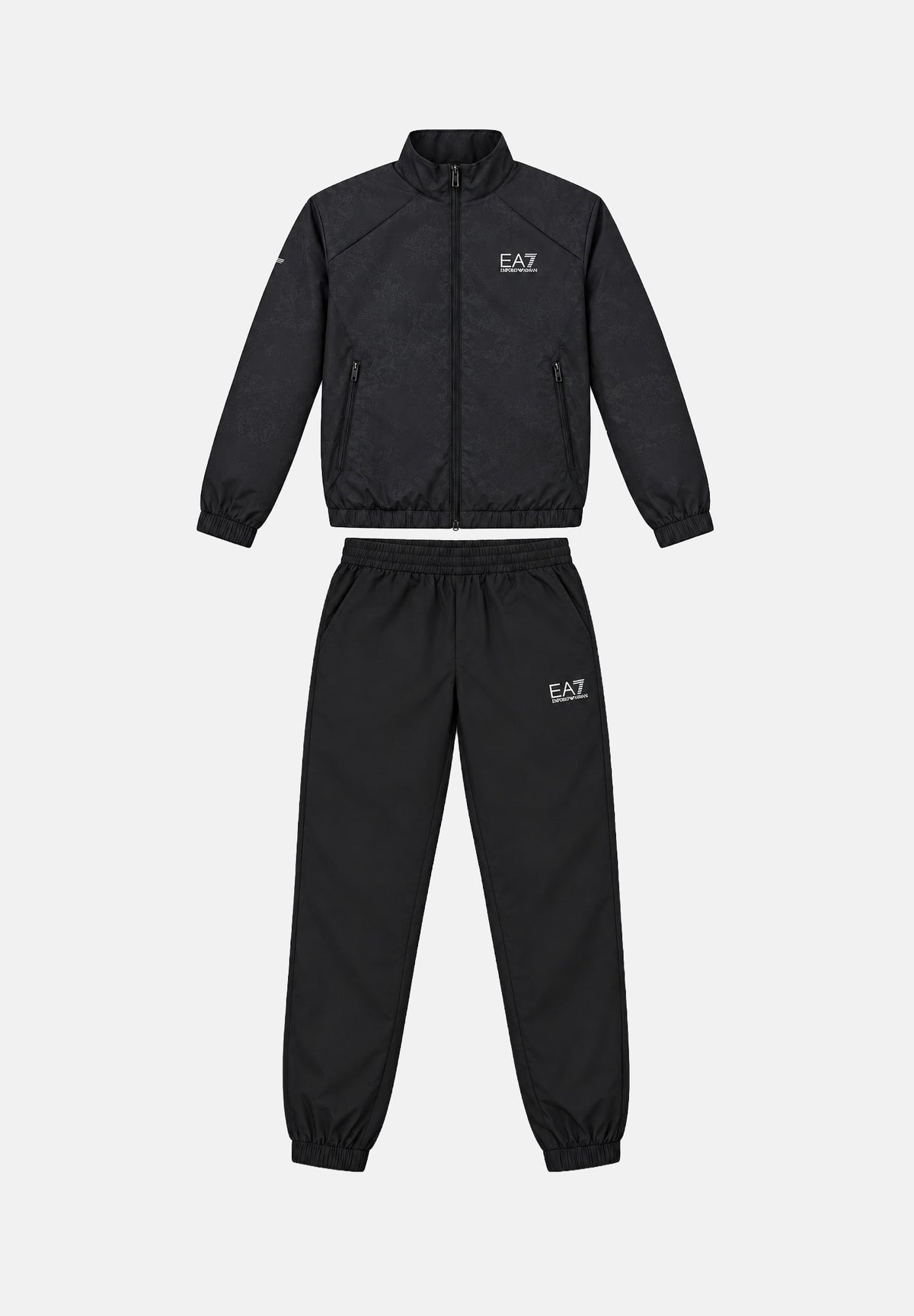 EA7 Tuta TENNIS PRO Black Fancy nera e grigio scuro da uomo con felpa full zip, collo alto, pantaloni jogger coordinati e loghi a contrasto 7M002505AF12948 FC039 EA7 