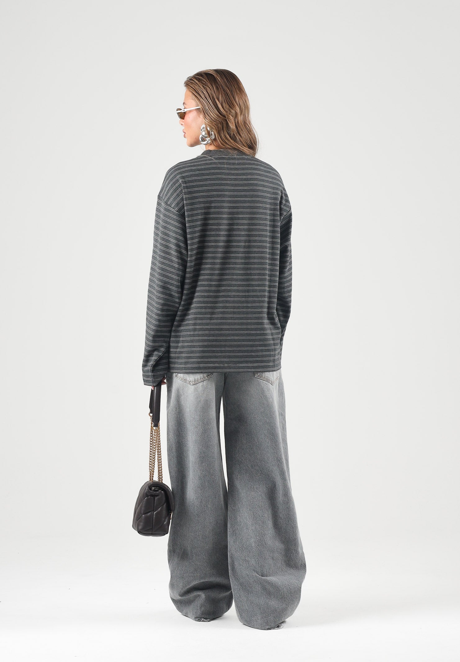 ELEH Maglia girocollo a righe grigie e nere con maniche lunghe da donna EFW260048 072 ELEH 