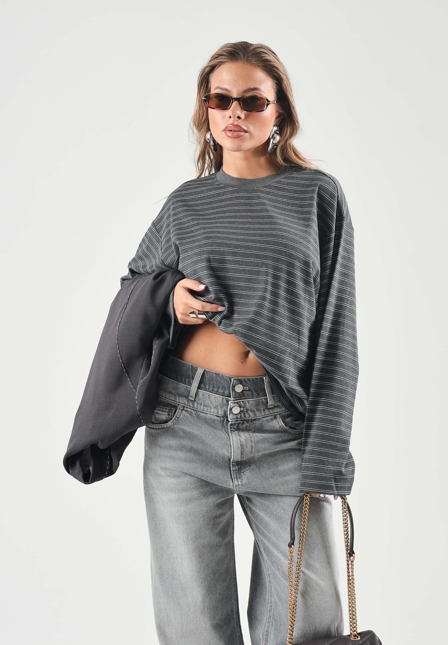 ELEH Maglia girocollo a righe grigie e nere con maniche lunghe da donna EFW260048 072 ELEH 