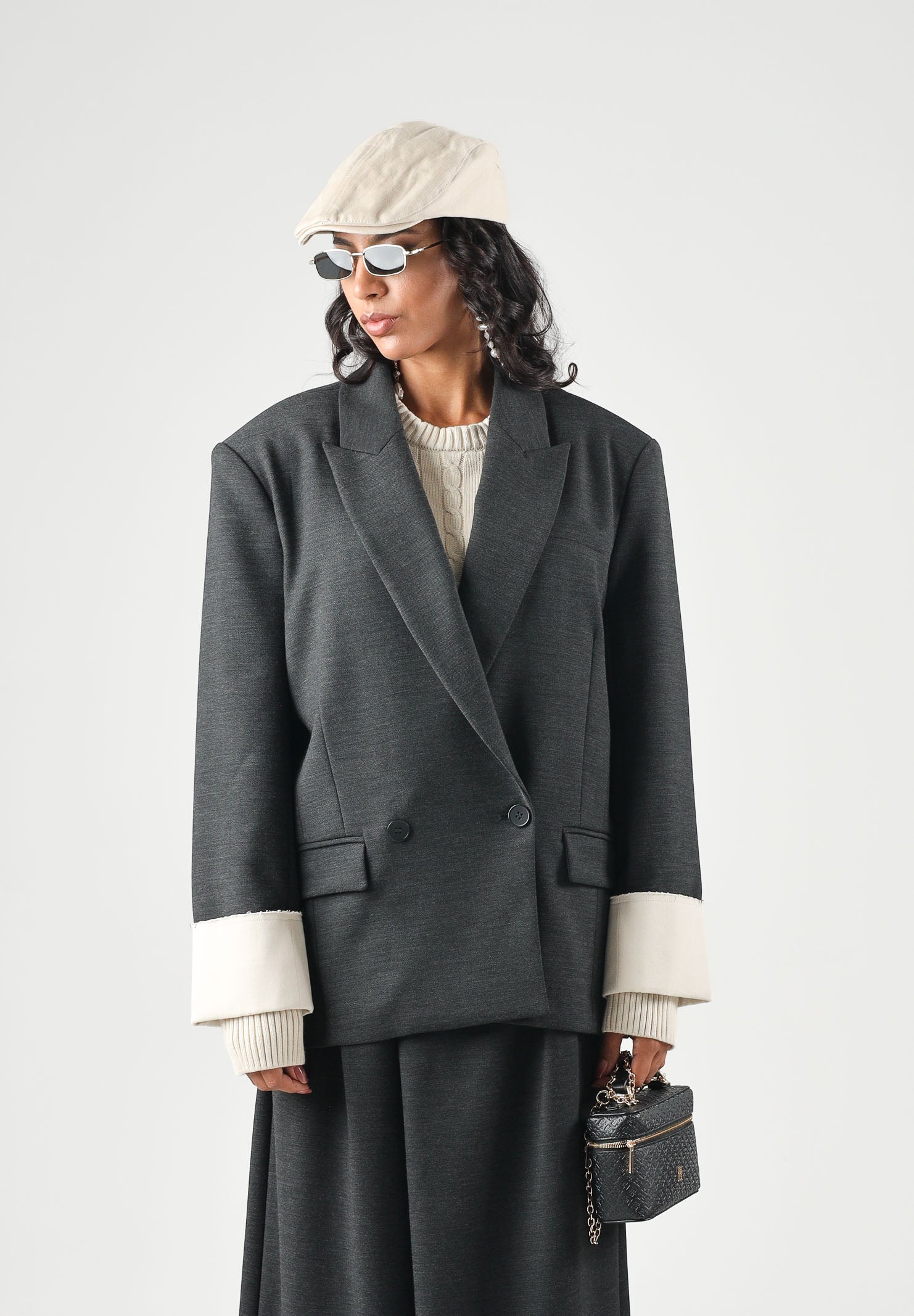 ELEH Giacca-blazer doppiopetto con polsini a contrasto grigio e bianco donna. EFW260057 072 ELEH 