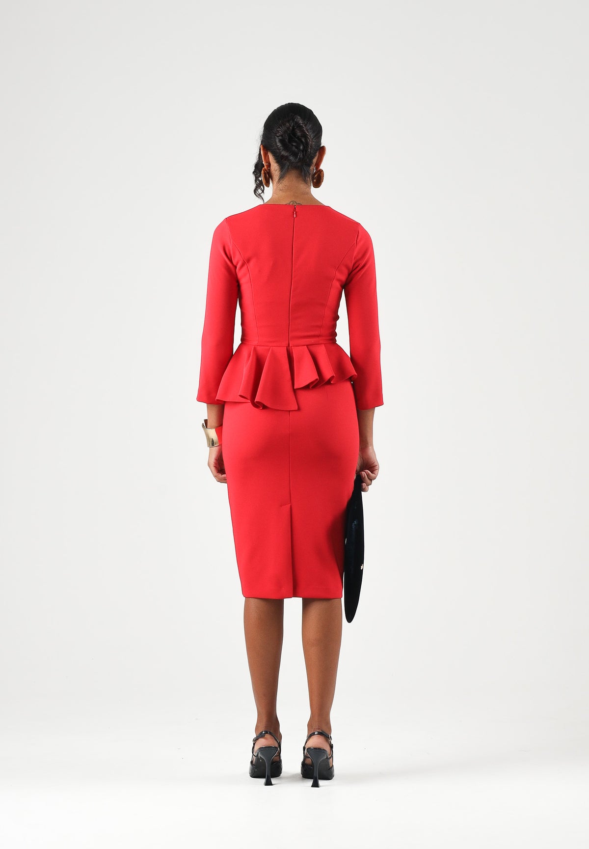 ELISABETTA FRANCHI Abito midi red passion rosso da donna con scollo a V, peplum asimmetrico AB01067E2 CG5 ELISABETTA FRANCHI 