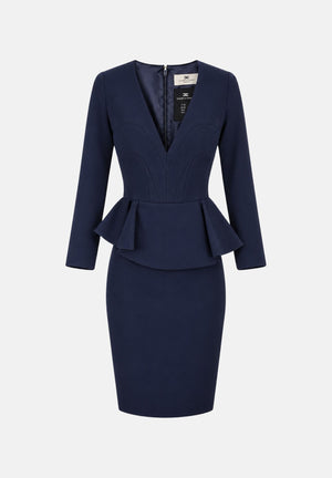 ELISABETTA FRANCHI Abito midi blu notte da donna con scollo a V, peplum asimmetrico AB01067E2 H88 ELISABETTA FRANCHI 