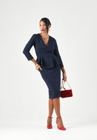 ELISABETTA FRANCHI Abito midi blu notte da donna con scollo a V, peplum asimmetrico AB01067E2 H88 ELISABETTA FRANCHI 