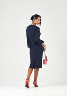 ELISABETTA FRANCHI Abito midi blu notte da donna con scollo a V, peplum asimmetrico AB01067E2 H88 ELISABETTA FRANCHI 