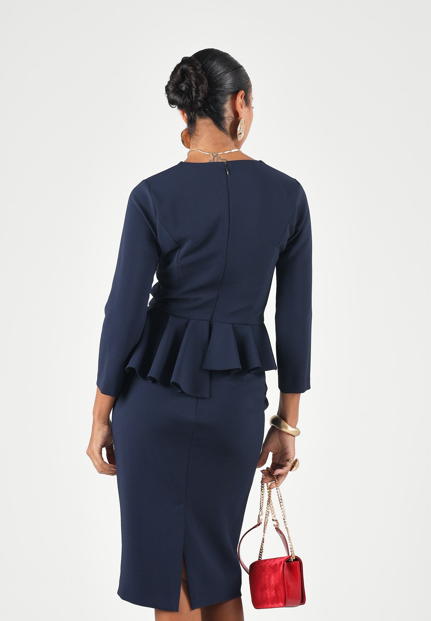 ELISABETTA FRANCHI Abito midi blu notte da donna con scollo a V, peplum asimmetrico AB01067E2 H88 ELISABETTA FRANCHI 