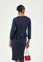 ELISABETTA FRANCHI Abito midi blu notte da donna con scollo a V, peplum asimmetrico AB01067E2 H88 ELISABETTA FRANCHI 