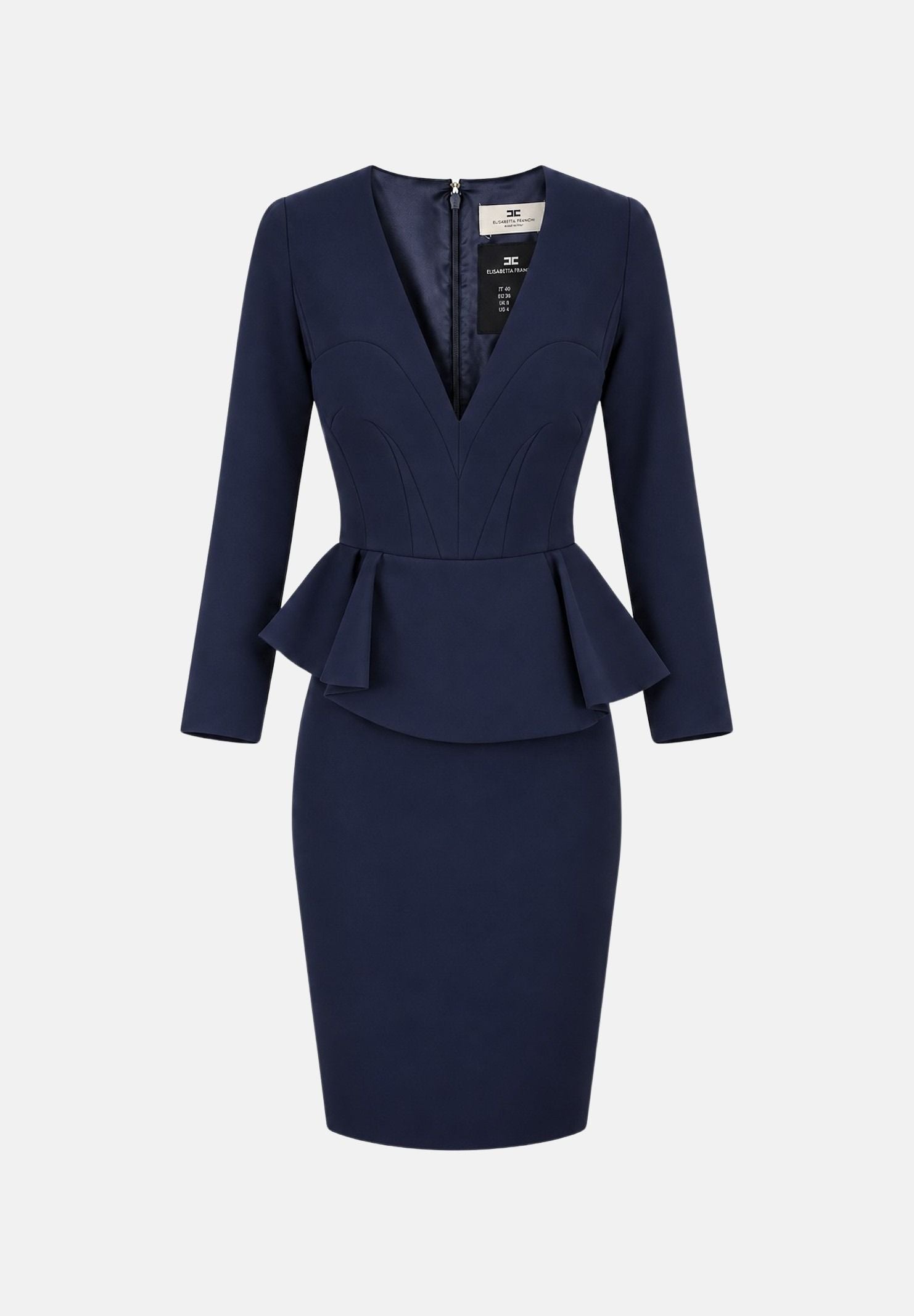ELISABETTA FRANCHI Abito midi blu notte da donna con scollo a V, peplum asimmetrico AB01067E2 H88 ELISABETTA FRANCHI 