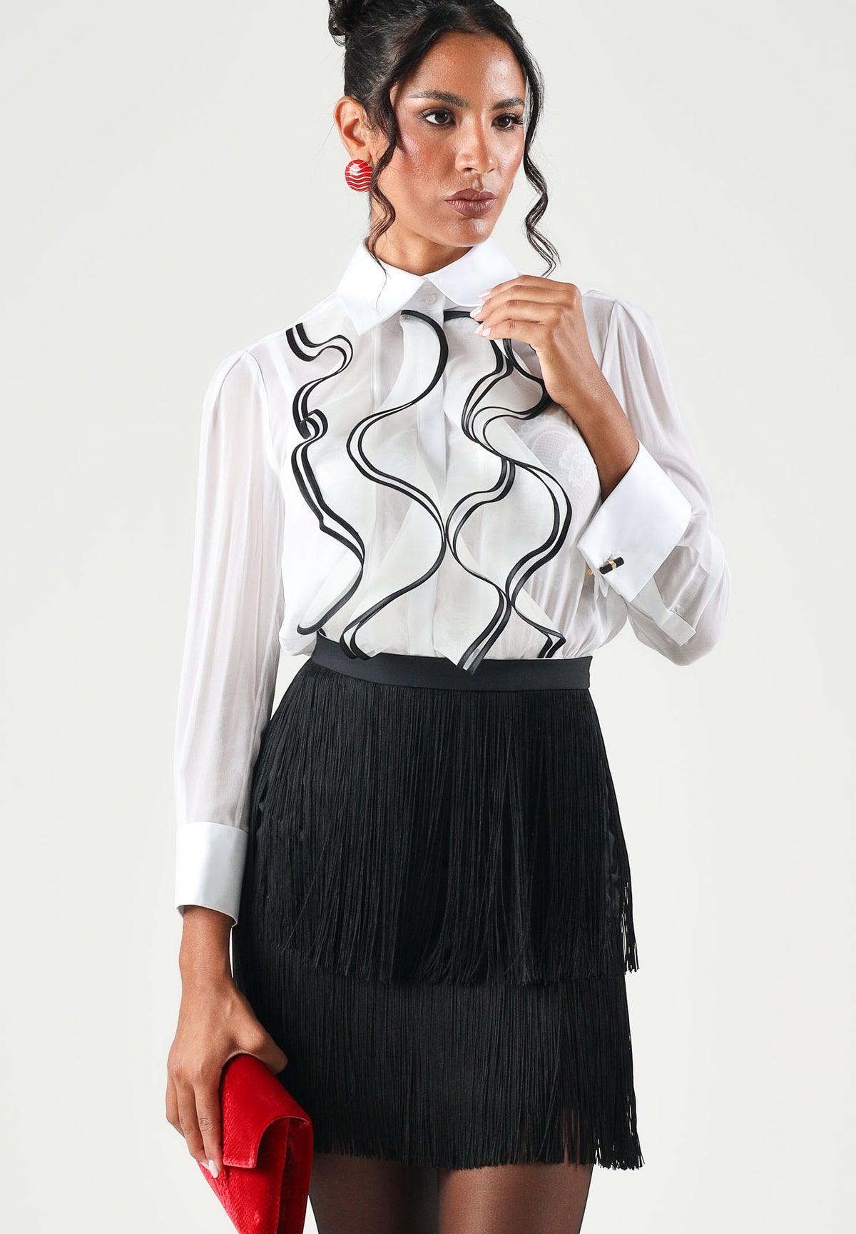 ELISABETTA FRANCHI Abito corto avorio-nero per donna con corpetto stampato e gonna corta con frange. AB02267E2 309 ELISABETTA FRANCHI 