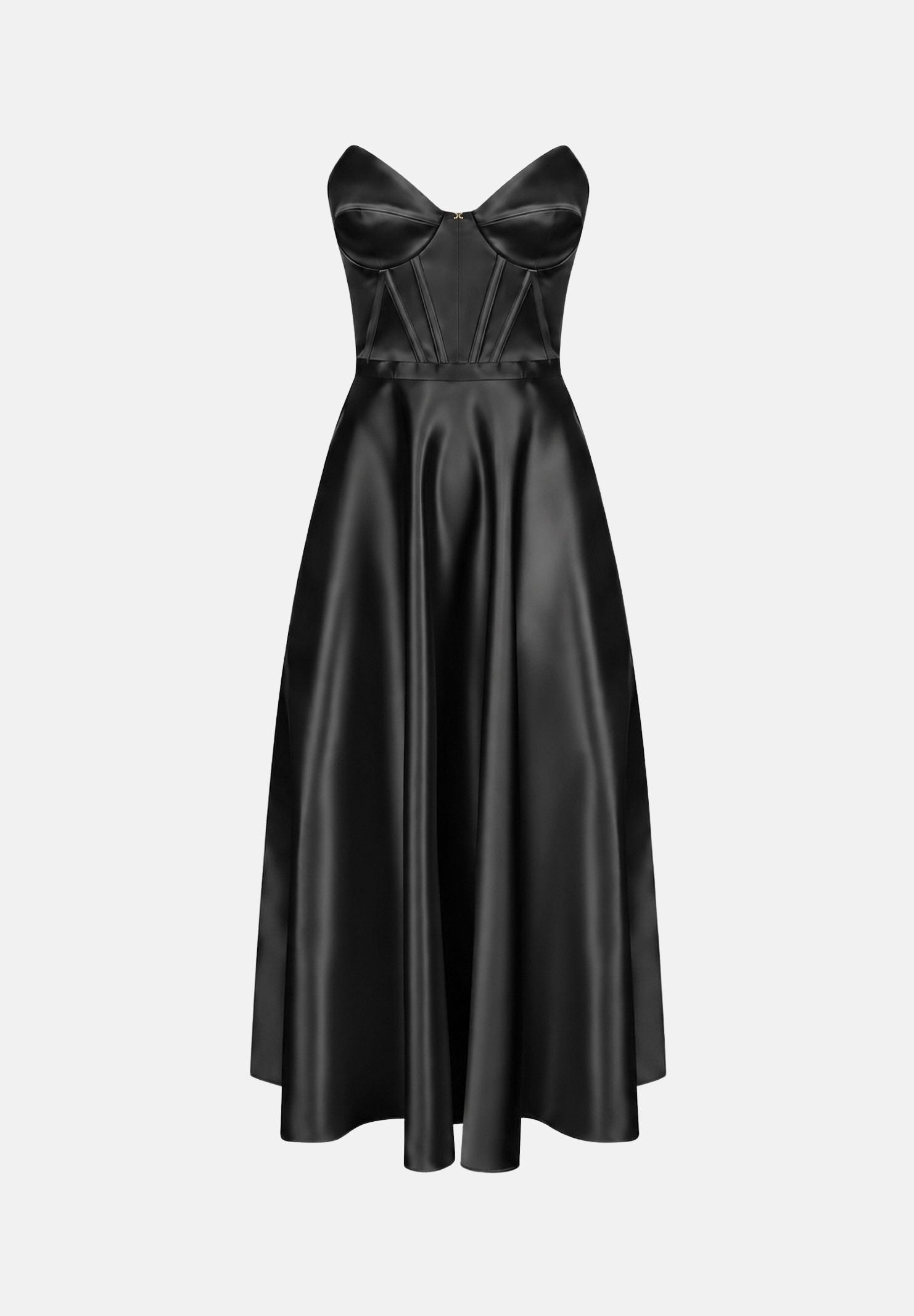 ELISABETTA FRANCHI Abito midi nero  per donna con scollatura a cuore e gonna ampia in satin AB96767E2 110 ELISABETTA FRANCHI 