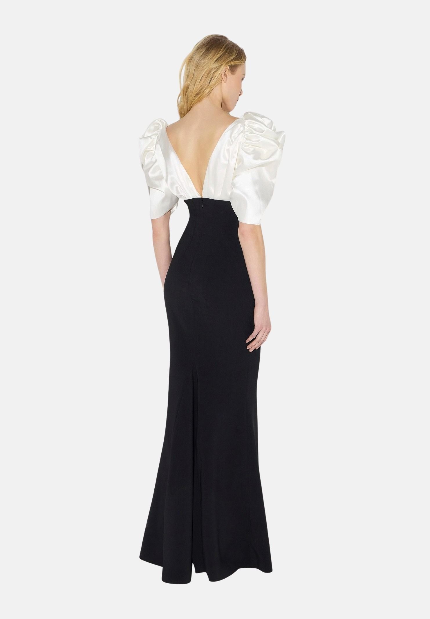 ELISABETTA FRANCHI Abito lungo avorio-nero per donna con corpetto bicolore e maniche strutturate a sbuffo ABR0967E2 309 ELISABETTA FRANCHI 