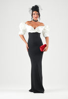 ELISABETTA FRANCHI Abito lungo avorio-nero per donna con corpetto bicolore e maniche strutturate a sbuffo ABR0967E2 309 ELISABETTA FRANCHI 