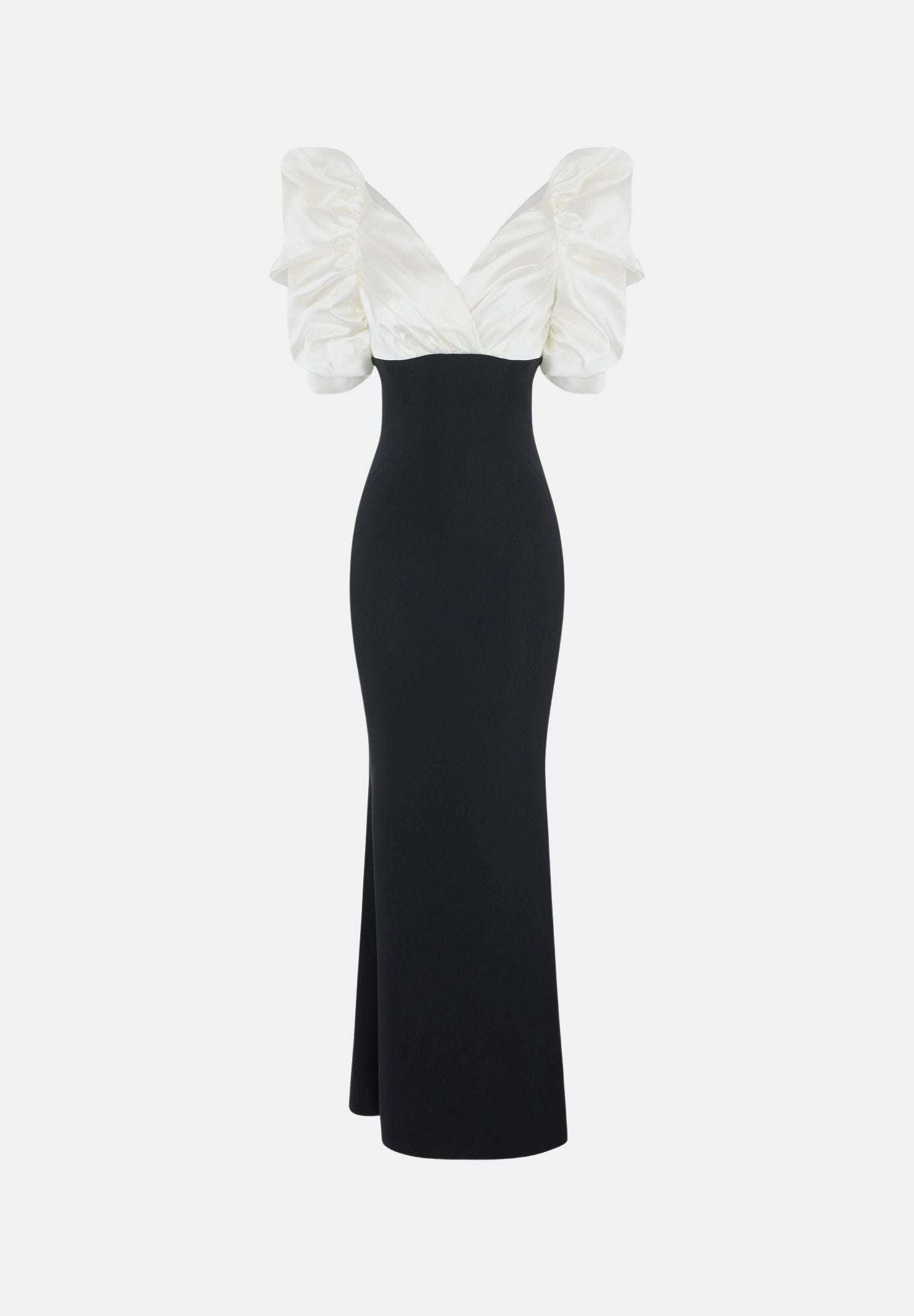 ELISABETTA FRANCHI Abito lungo avorio-nero per donna con corpetto bicolore e maniche strutturate a sbuffo ABR0967E2 309 ELISABETTA FRANCHI 