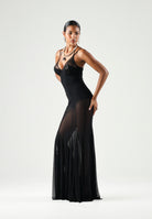 ELISABETTA FRANCHI Abito RED CARPET in tulle e raso nero da  donna con trasparenze e dettagli metallici ABR1466E2 110 ELISABETTA FRANCHI 
